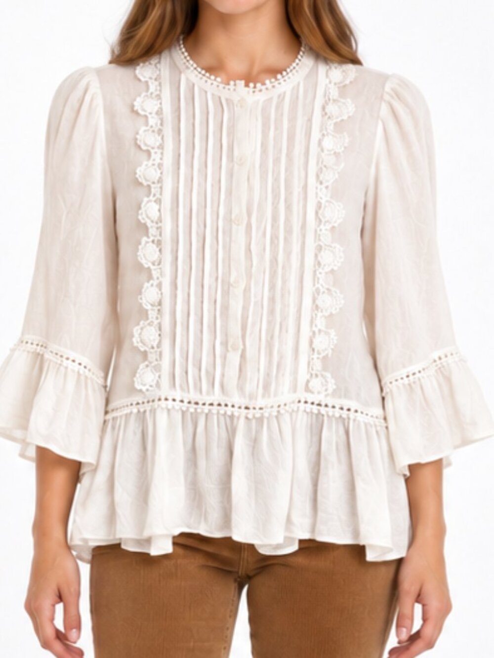 Max Studio White Linen Blend Pintuck Lace Ruffle Hem Blouse Size Medium